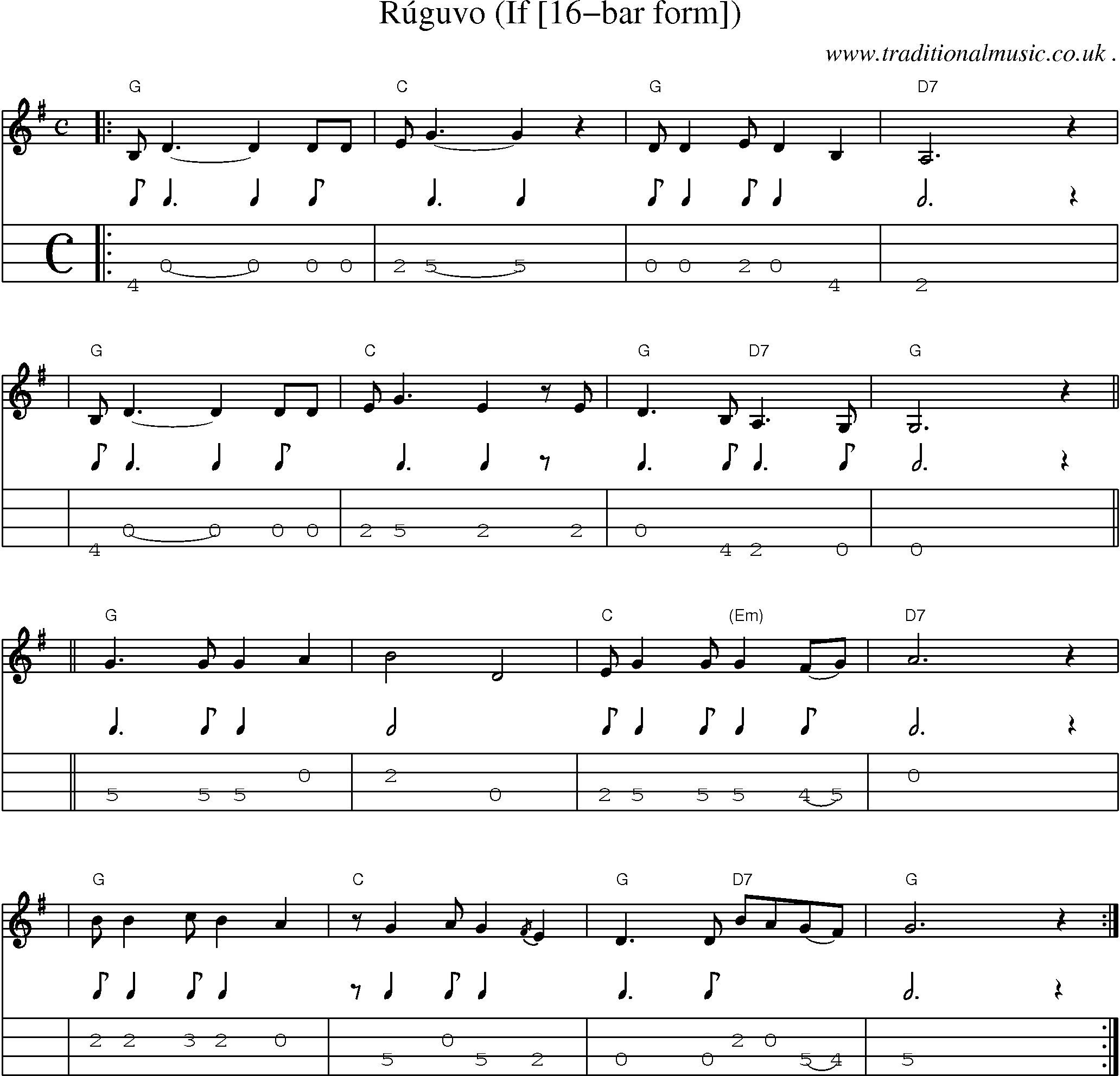 Sheet-music  score, Chords and Mandolin Tabs for Ruguvo If [16-bar Form]